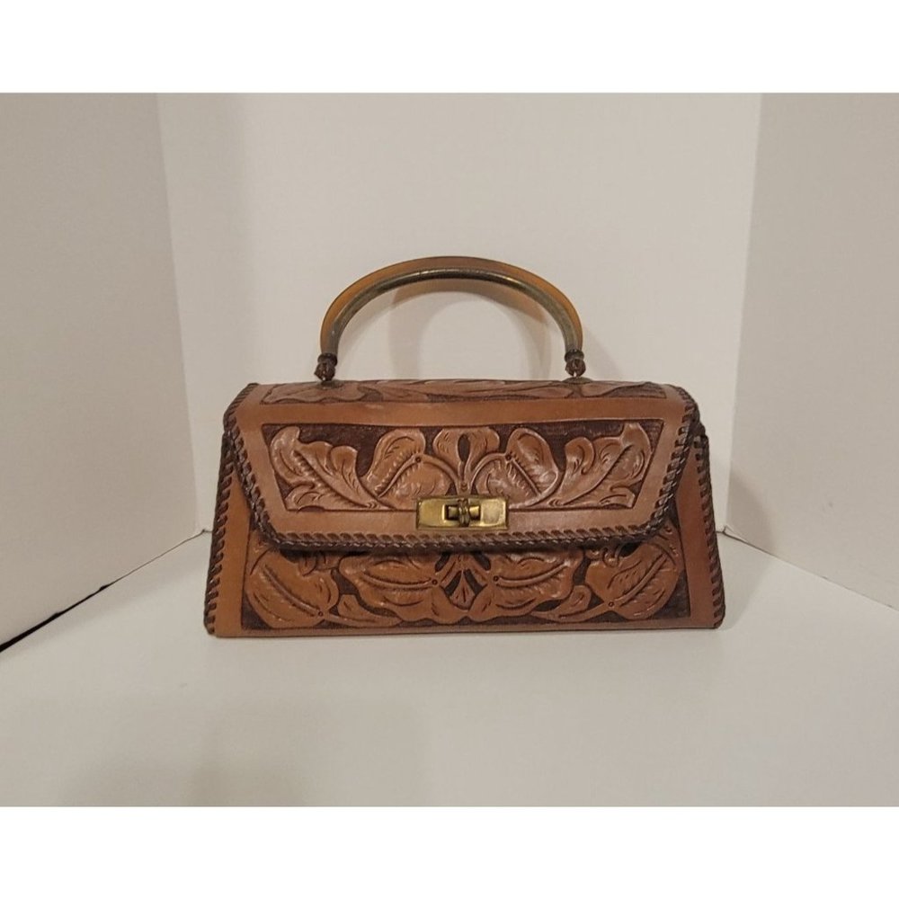 Vintage Hand Tooled Leather Mid Century Modern Western Purse Bag